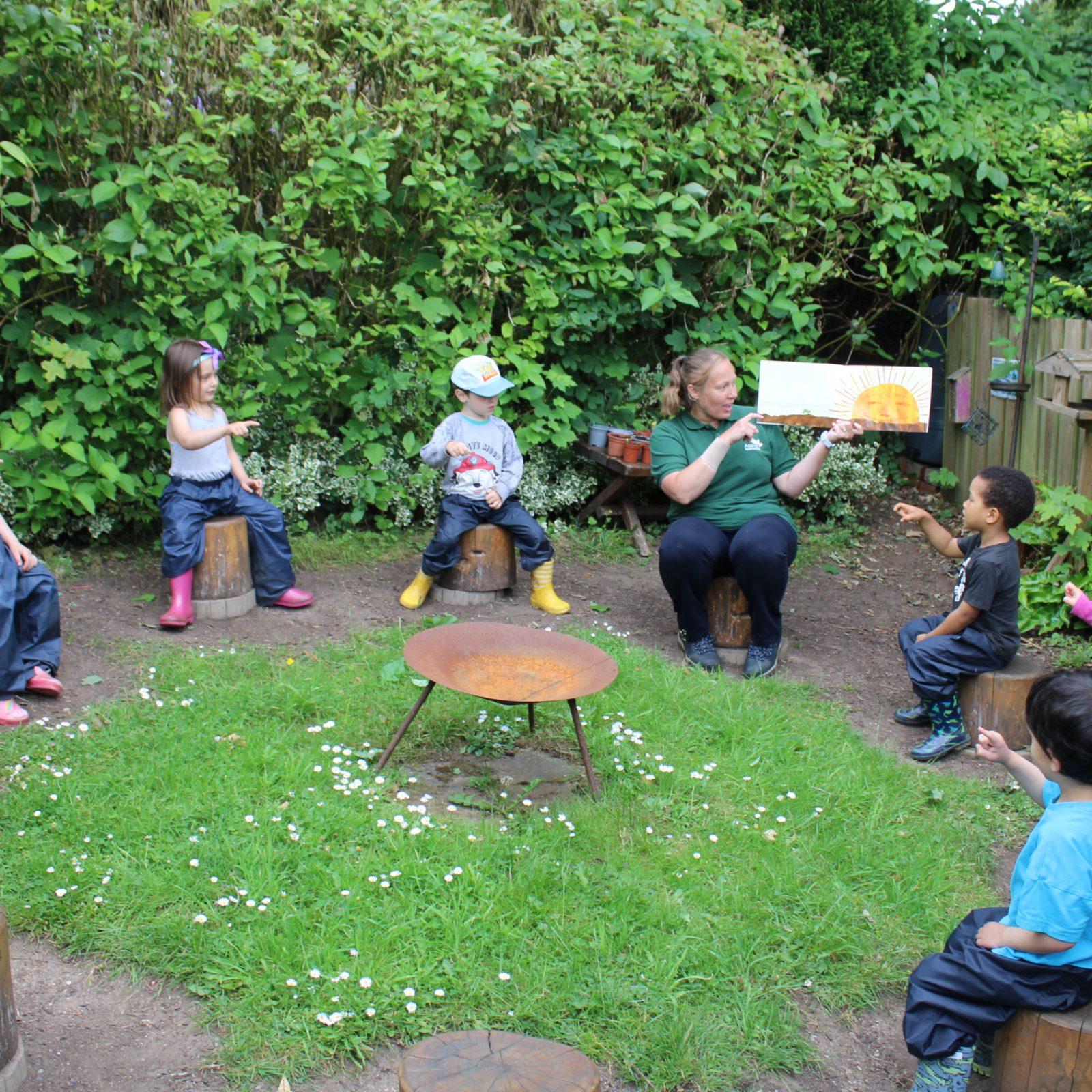 Acorns Nurseries In the lush outdoor setting of Henbury Hill House, a teacher reads a book to children gathered around a fire pit. Acorns scatter across the grassy area, adding to the natural ambiance of this storytelling session.