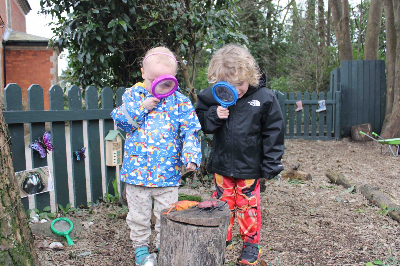 Acorns Nurseries Two children examining a tree stump with magnifying glasses in a garden, surrounded by trees showered with acorns and a picket fence.