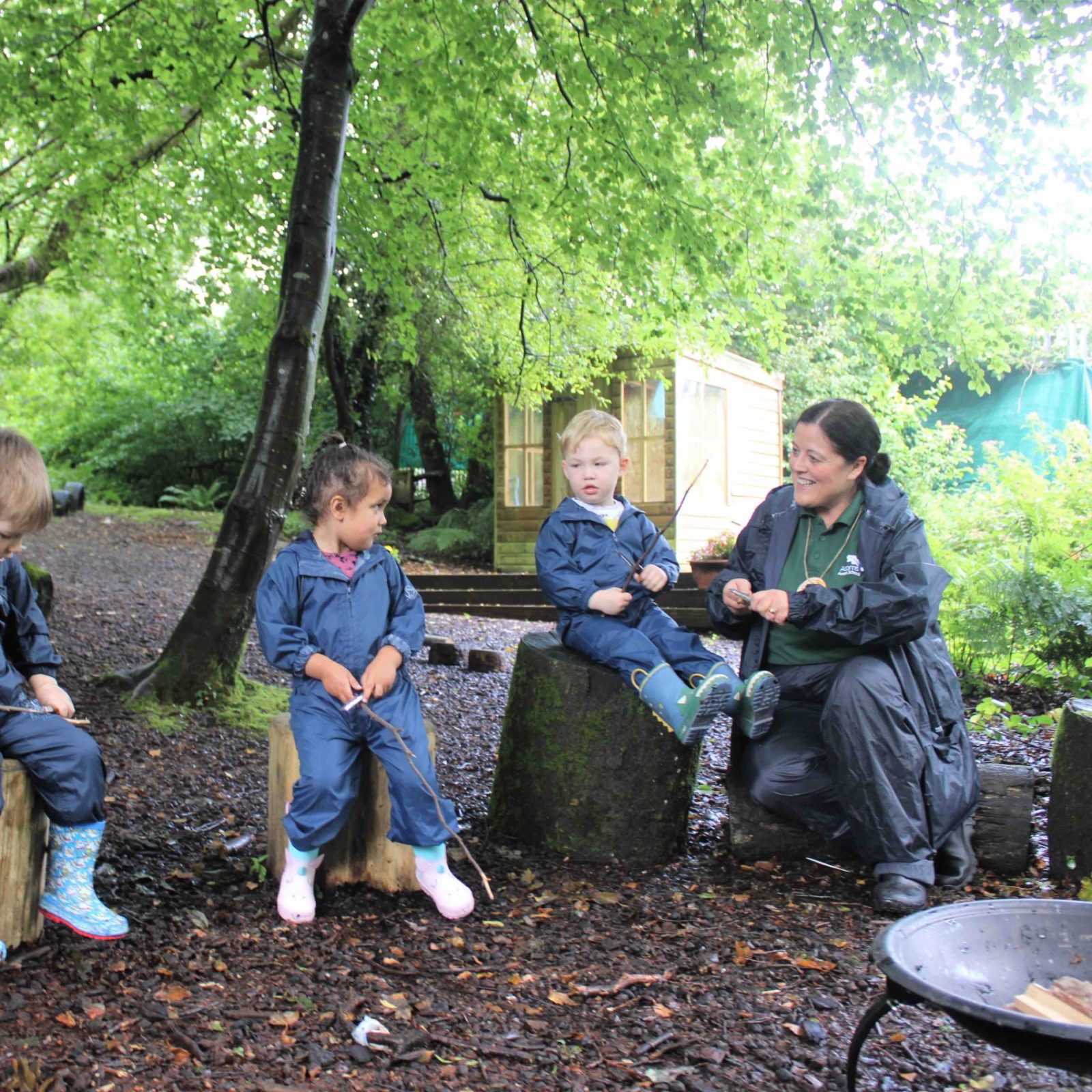 Acorns Nurseries A teacher and three children engage in Nature-Based Learning, sitting on logs in a forest. Clad in rain gear, they each hold string amidst the trees with a cabin behind, illustrating the essence of Forest School.