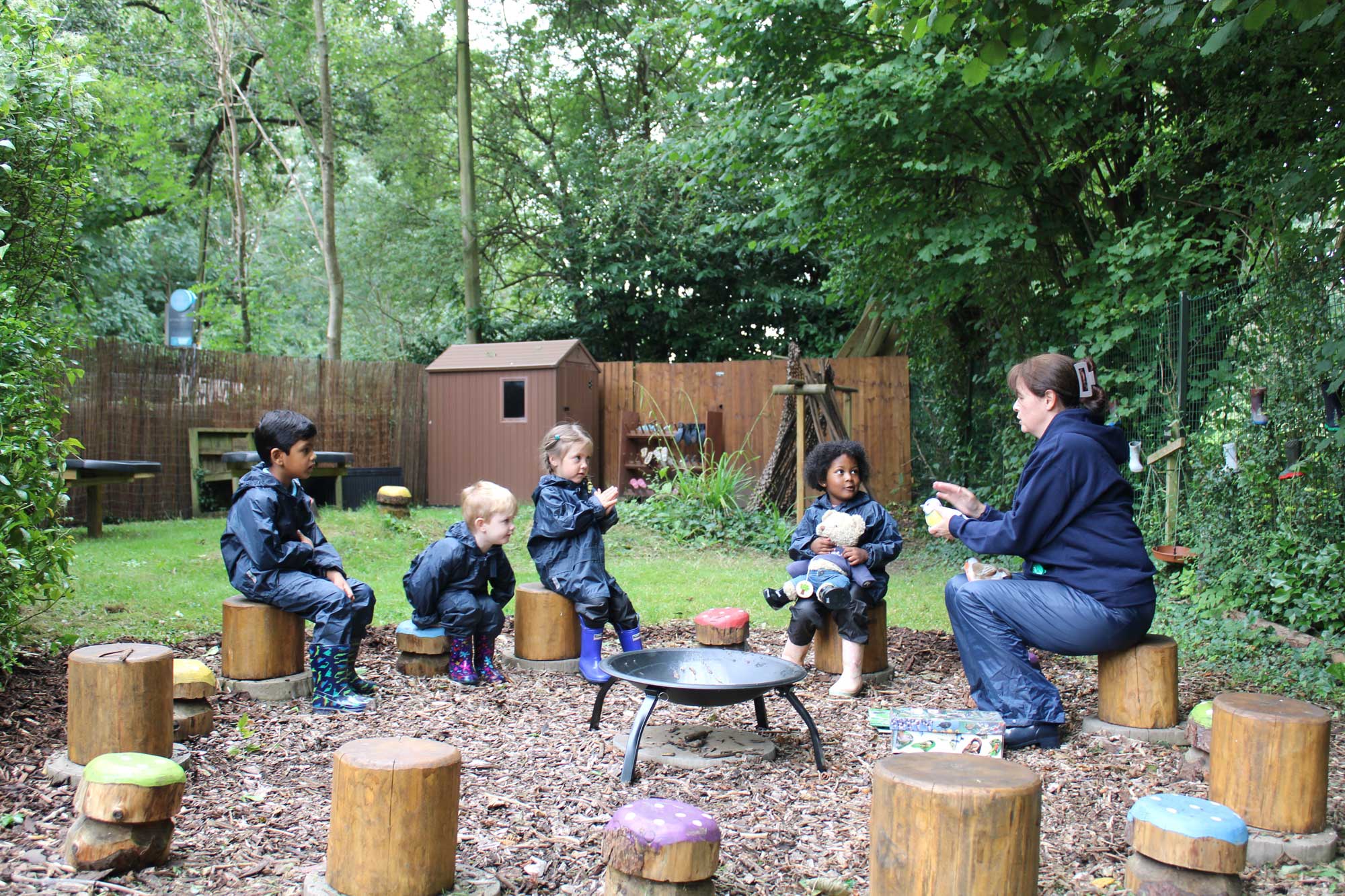 Acorns Nurseries A group of children sits on logs around a teacher, engaging in a Forest School learning activity amidst the serene backdrop of a wooded area.