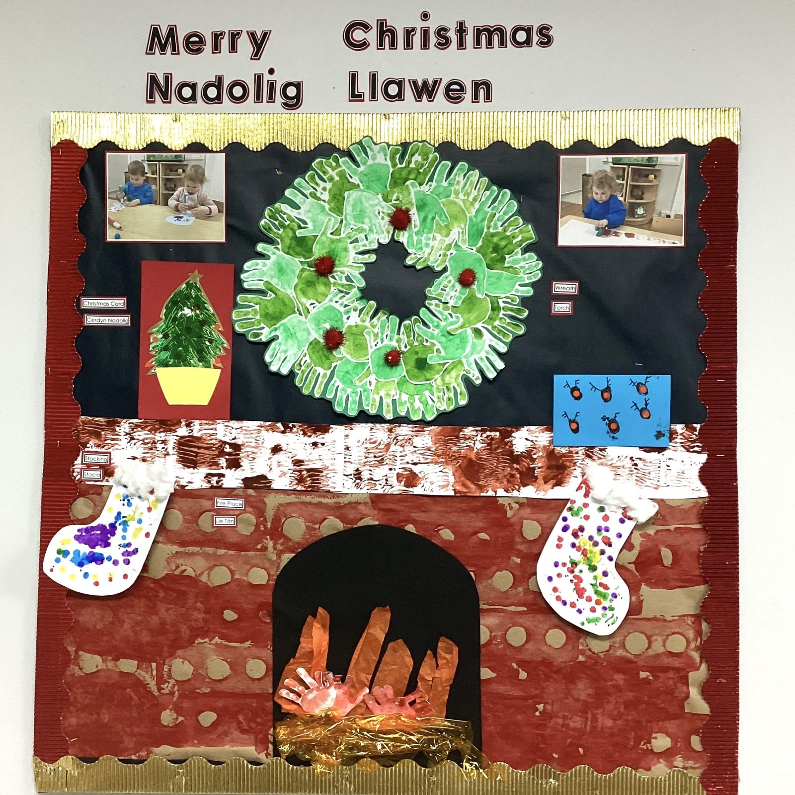 Acorns Nurseries Festive bulletin board features a handprint wreath, stockings, and kids crafting, saying "Merry Christmas," with opening hours.